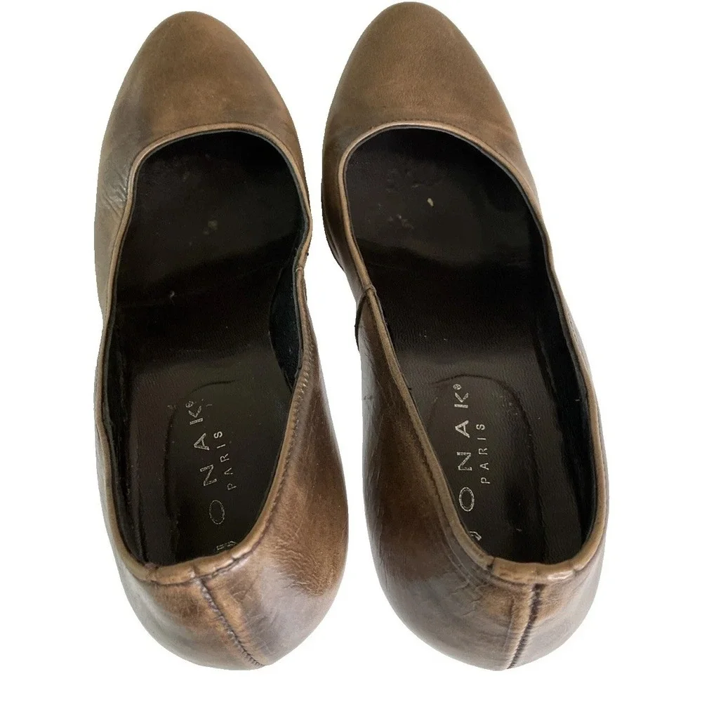 Jonak Paris Brown Leather Round Toe Block Platform Chunky Heels Retro Y2K 39 / 8